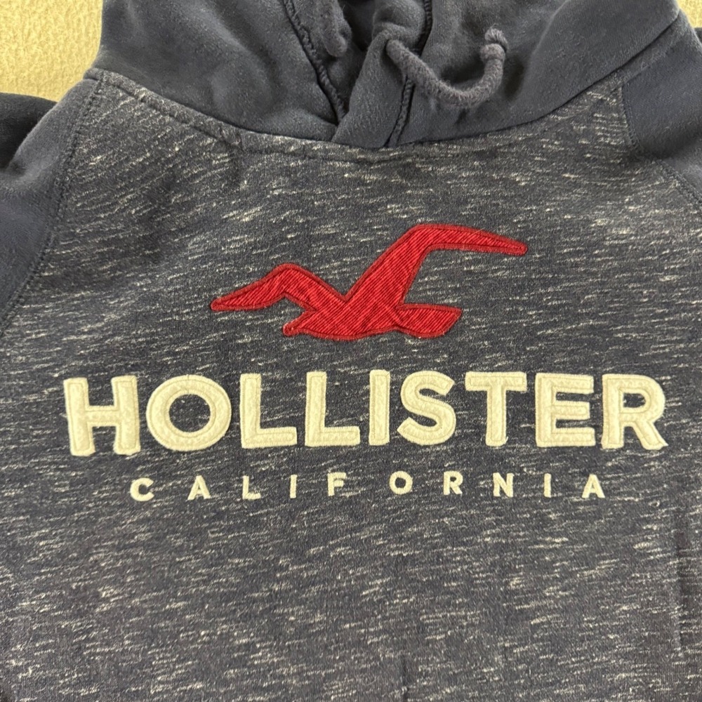 Hollister Hoodie Mens Medium Navy Blue Raglan Graphic California Logo Sweat Y2K - Picture 9 of 9